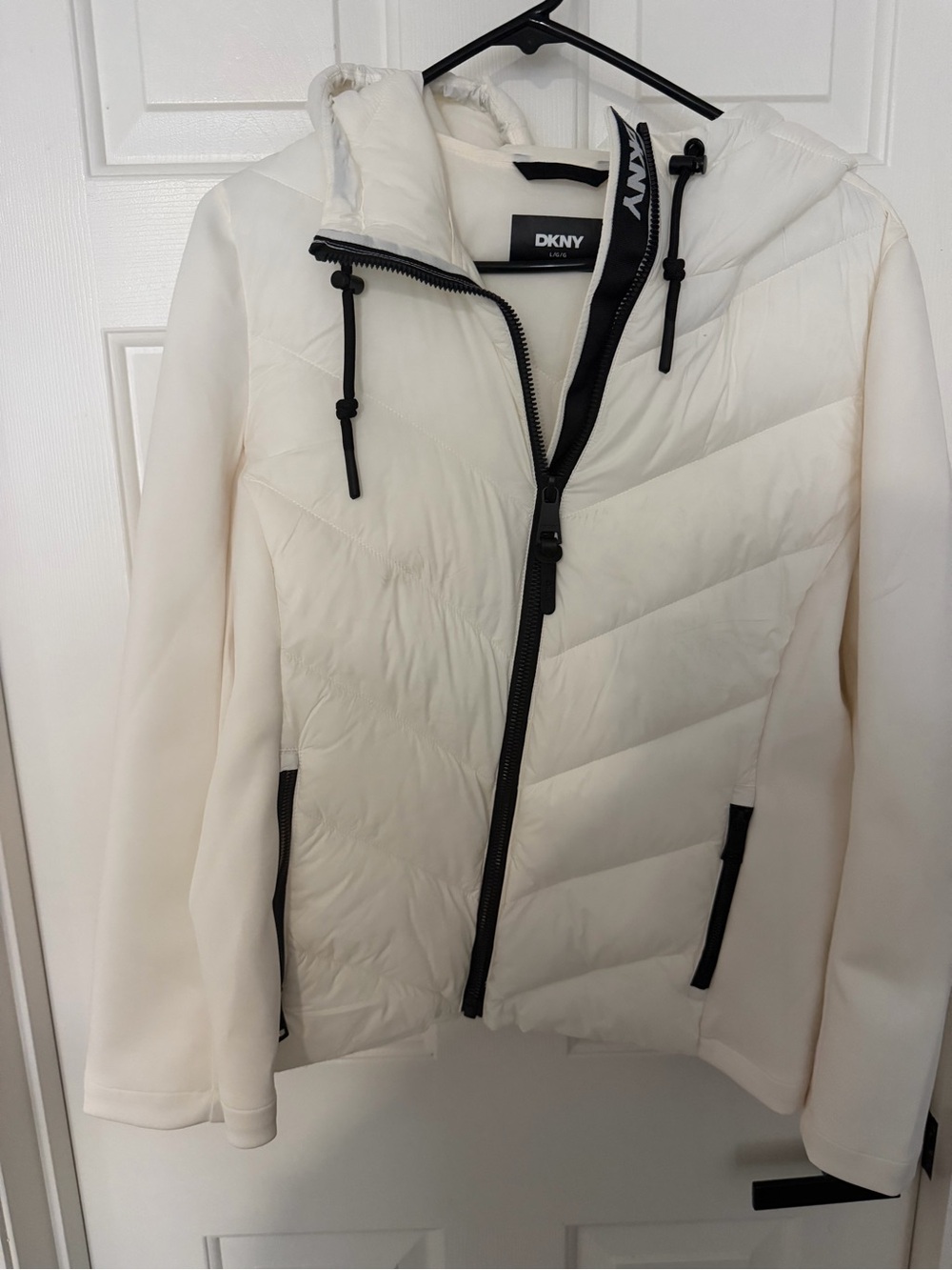 DKNY Ivory Quilted Hooded Puffer Jacket with Black Trim
